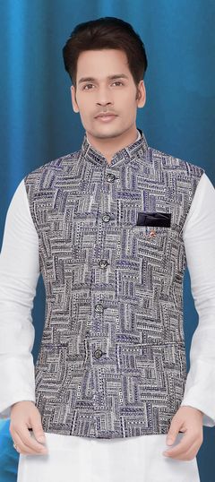 Blue color Nehru Jacket in Cotton fabric with Thread work