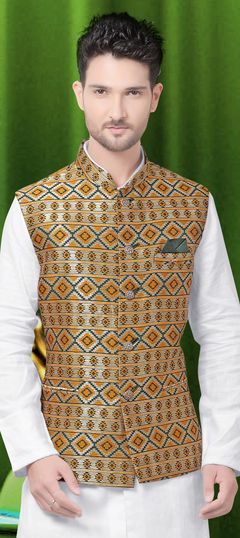 Green, Yellow color Nehru Jacket in Jacquard, Silk fabric with Thread work