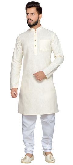 Beige and Brown color Kurta Pyjamas in Cotton fabric with Thread work