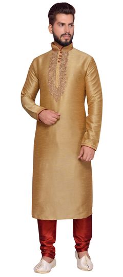 Gold color Kurta Pyjamas in Art Silk fabric with Embroidered, Thread work