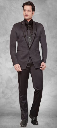 Black and Grey color 3 Piece Suit (with shirt) in Brocade fabric with Thread work