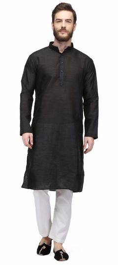 Black and Grey color Kurta Pyjamas in Raw Dupion Silk fabric with Thread work