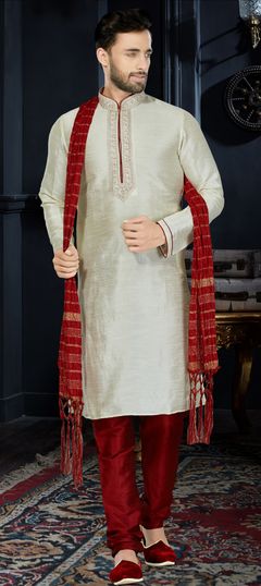 White and Off White color Kurta Pyjamas in Art Dupion Silk fabric with Thread work