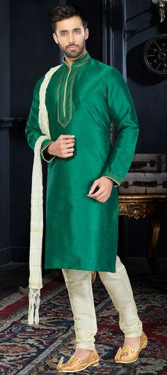 Green color Kurta Pyjamas in Art Dupion Silk fabric with Thread work