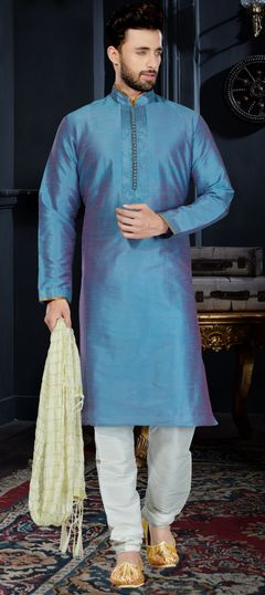 Blue color Kurta Pyjamas in Art Dupion Silk fabric with Thread work