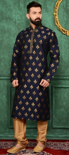 Blue color Kurta Pyjamas in Banarasi Silk, Silk fabric with Thread work