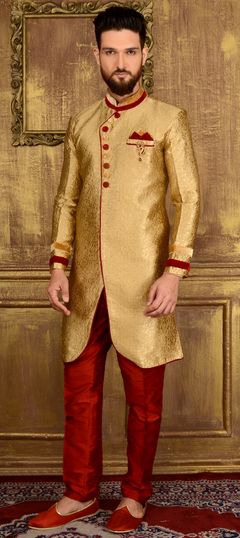 508191: Gold color IndoWestern Dress in Banarasi Silk, Silk fabric with Broches, Thread work