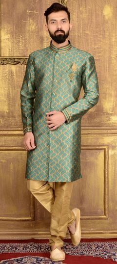 Reception, Wedding Green color IndoWestern Dress in Banarasi Silk, Silk fabric with Broches, Thread work : 508194