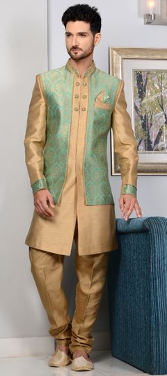 Beige and Brown, Green color IndoWestern Dress in Brocade, Jacquard, Silk fabric with Broches, Embroidered, Thread work