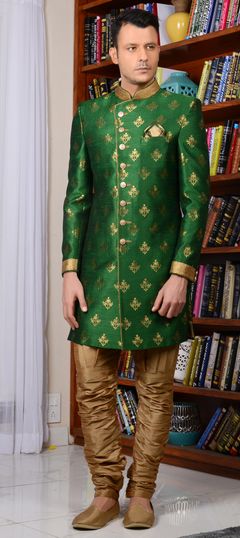 Green color IndoWestern Dress in Banarasi Silk, Brocade, Silk fabric with Thread work