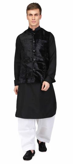 Black and Grey color Kurta Pyjama with Jacket in Cotton fabric with Thread work