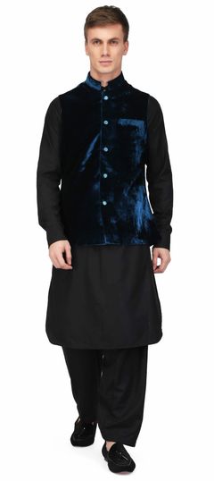 Black and Grey color Kurta Pyjama with Jacket in Cotton fabric with Thread work