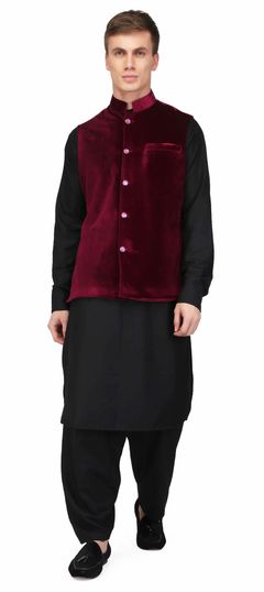 Black and Grey color Kurta Pyjama with Jacket in Cotton fabric with Thread work