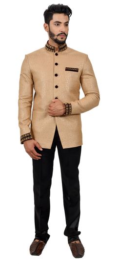 Beige and Brown color Jodhpuri Suit in Jute fabric with Thread work : 508494