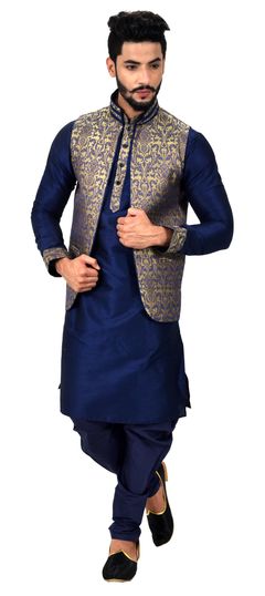 Blue color Kurta Pyjama with Jacket in Art Silk fabric with Thread work