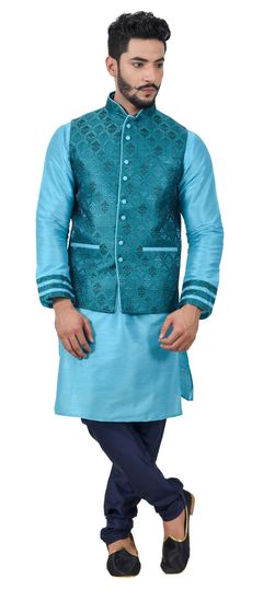 Blue color Kurta Pyjama with Jacket in Art Silk fabric with Thread work