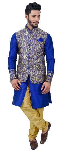 Blue color Kurta Pyjama with Jacket in Art Silk fabric with Thread work