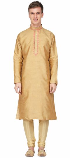 Gold color Kurta Pyjamas in Raw Silk fabric with Embroidered, Thread work