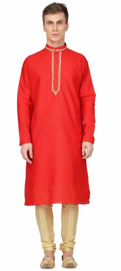 Red and Maroon color Kurta Pyjamas in Raw Silk fabric with Embroidered, Thread work
