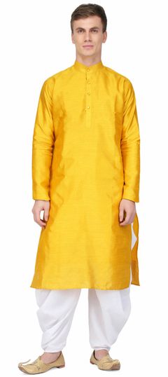 Yellow color Kurta Pyjamas in Raw Silk fabric with Thread work