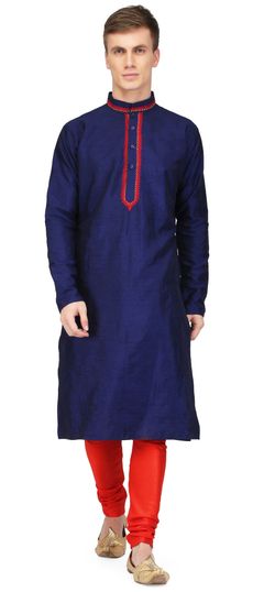 Blue color Kurta Pyjamas in Raw Silk fabric with Embroidered, Thread, Zari work