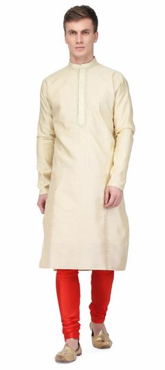 Beige and Brown color Kurta Pyjamas in Raw Silk fabric with Embroidered, Thread work