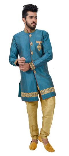 Blue color IndoWestern Dress in Ghicha Silk fabric with Thread, Zari work