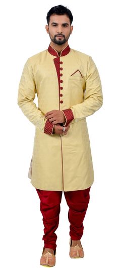 Beige and Brown color IndoWestern Dress in Brocade fabric with Thread work
