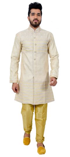 Beige and Brown color IndoWestern Dress in Brocade fabric with Thread work