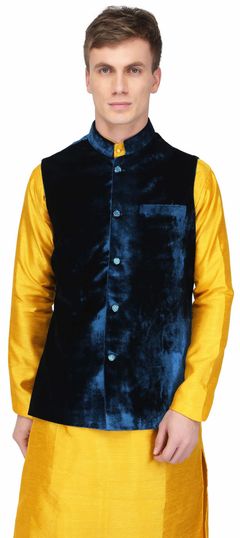 Blue color Nehru Jacket in Velvet fabric with Self work