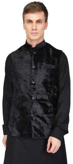 Black and Grey color Nehru Jacket in Velvet fabric with Self work