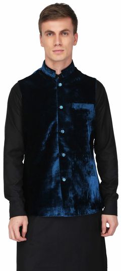 Blue color Nehru Jacket in Velvet fabric with Self work