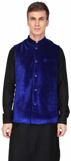 Blue color Nehru Jacket in Velvet fabric with Self work