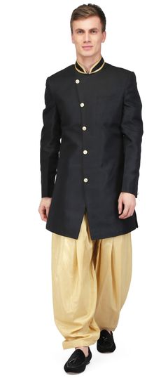 Black and Grey color IndoWestern Dress in Raw Silk fabric with Cut Dana work