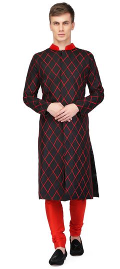 Black and Grey color Sherwani in Raw Silk fabric with Embroidered, Thread work
