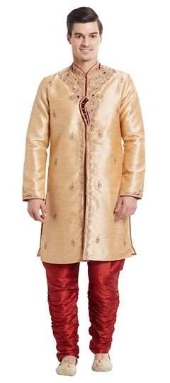 Beige and Brown color IndoWestern Dress in Blended fabric with Embroidered, Stone, Thread, Zari work