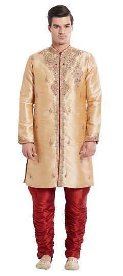 Beige and Brown color IndoWestern Dress in Blended fabric with Embroidered, Stone, Thread, Zari work