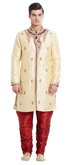 Beige and Brown color IndoWestern Dress in Blended fabric with Embroidered, Stone, Thread, Zari work