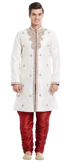 White and Off White color IndoWestern Dress in Blended fabric with Embroidered, Stone, Thread, Zari work