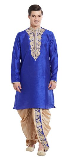 508826: Blue color Dhoti Kurta in Blended fabric with Embroidered, Zari work