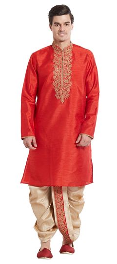 508841: Red and Maroon color Dhoti Kurta in Blended fabric with Embroidered, Thread work