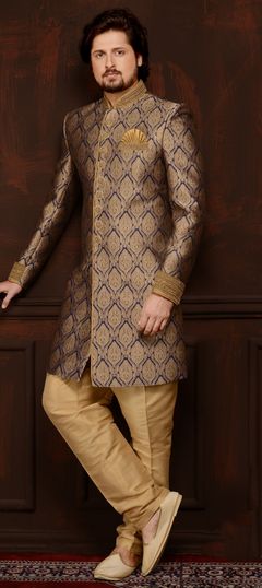 Blue color Sherwani in Brocade, Jacquard fabric with Thread work