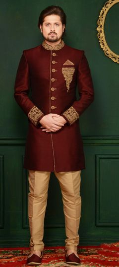 Red and Maroon color Sherwani in Banarasi Silk fabric with Stone, Thread, Zari work