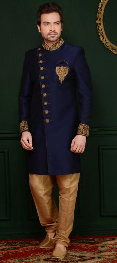 Blue color Sherwani in Banarasi Silk fabric with Patch work