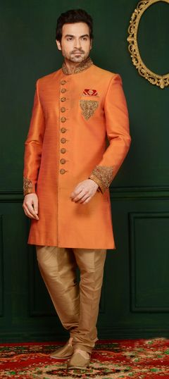 Orange color Sherwani in Banarasi Silk fabric with Patch work