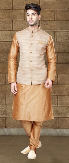 Beige and Brown color Kurta Pyjama with Jacket in Art Dupion Silk fabric with Thread work