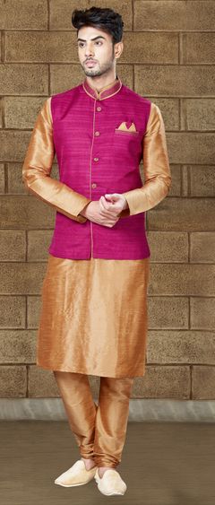 Beige and Brown color Kurta Pyjama with Jacket in Art Dupion Silk fabric with Thread work