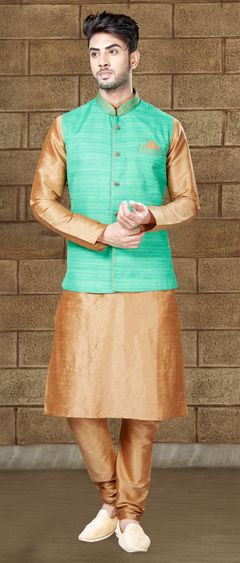 Beige and Brown color Kurta Pyjama with Jacket in Art Dupion Silk fabric with Thread work