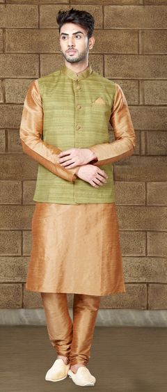 Beige and Brown color Kurta Pyjama with Jacket in Art Dupion Silk fabric with Thread work