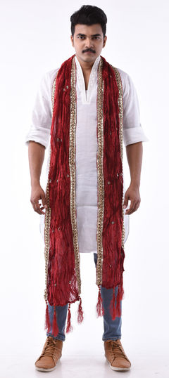 600104 Red and Maroon color family stole in Art Silk fabric with Lace, Bugle Beads work.